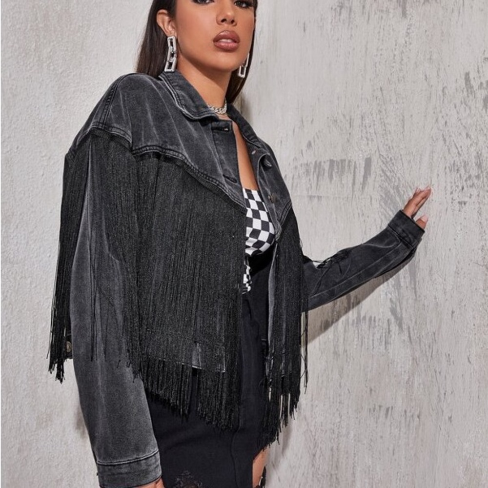 Women's Black Fringe Denim Jacket - Statement Jean Coat - Picture 5 of 5